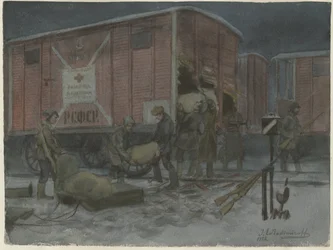 Soldater, der plyndrer en jernbanevogn fra serien af akvareller, russisk revolution, 1922