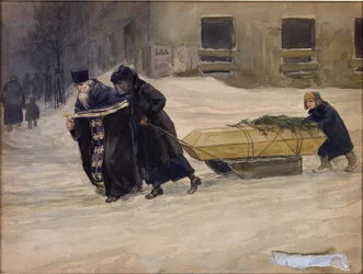 Faderens begravelse af Vladimirov, Ivan Alexeyevich (1869-1947). Akvarel, Gouache på papir