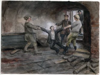 Un detenu emmene pour etre execute - Mand bliver holdt og henrettet (fra serien af akvareller russiske revolution) - Vladimirov, Ivan Alexeyevich (1869-1947) - 1919 - Akvarel på papir - 25,7x34,5 - Privat samling