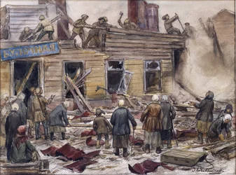 Håndværkere, der river træhuse ned til brændstof af Vladimirov, Ivan Alexeyevich (1869-1947). Akvarel, Gouache på papir
