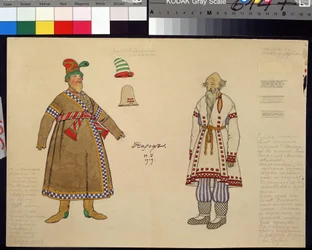Kostumetegning til operaen Den gyldne hane af Nikolaj Rimskij-Korsakov (1844-1908), maleri af Ivan Jakovlevitj Bilibin (1876-1942)