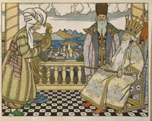 Illustration til eventyret “Den gyldne hane” af Aleksandr Pusjkin (1799-1837). Værk af Ivan Yakovlevich Bilibin (1876-1942)