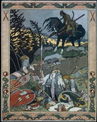 Illustration til eventyret Maria fra havene. Prins Ivan opdager hæren, der er besejret af Maria Morevna, krigerdronningen. Værk af Ivan Yakovlevich Bilibin (Bilibine) (1876-1942), akvarel og blæk på papir
