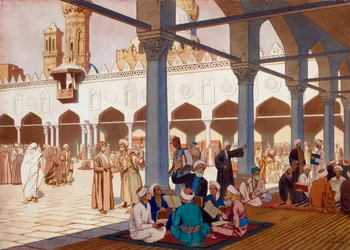 Gården til Al-Azhar University i moskeen af ​​samme navn i Kairo, Egypten (Garden til Al Azhar-moskeen og universitetet, Cairo) - Værk af Ivan Yakovlevich Bilibin (Bilibine) (1876-1942), akvarel og gouache på pap