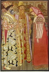 Bueskyttens hustru før zaren og hans følge, illustration fra den russiske fortælling ""Gå, jeg ved ikke hvor, bring tilbage, jeg ved ikke hvad"" (bueskyttens kone før zaren og hans følge) - Maleri af Ivan Yakolevich Bilibin (Bilibin) (1876-1942)