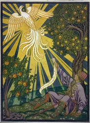 Prinsen griber en fjer fra ildfuglen. Illustration til fortællingen ""Ivan Tsarevich, Ildfuglen og den grå ulv"". Værk af Ivan Yakovlevich Bilibin (Bilibin) (1876-1942), akvarel og gouache på papir. Russisk kunst, 20. århundrede, symbolik.