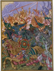 Uddrivelsen af ​​Khan Batu (cirka 1205-1255) (Fordrivelsen af ​​Batu Khan). Batou, mongolsk tartarchef for Den Gyldne Horde i Ruslands stepper. Værk af Ivan Yakovlevich Bilibin (Bilibin) (1876-1942), akvarel og gouache på papir