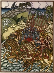 Volga Sviatoslavich (Vseslav de Polotsk (vers 1039-1101), storprins af Kiev fra 1068 til 1069) og Mikula Selyaninovich (?). Oeuvre af Ivan Yakovlevich Bilibin (Bilibin) (1876-1942), litografi