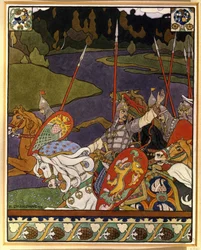 Volga Svyatoslavich og hans hær. (Volga Svyatoslavich og hans hær). Illustration til mytiske epos inspireret af nordrussisk folklore. Værk af Ivan Yakovlevich Bilibin (Bilibin) (1876-1942), litografi