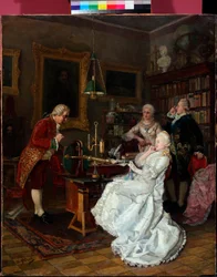 Kejserinde Katarina II af Rusland (1729-1796) på besøg hos Mikhail Lomonosov (1711-1765) (Kejserinde Katarina på besøg hos M.Lomonosov) Maleri af Ivan Fiodorov (Feodorov) (1853-1894)