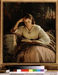 Læsning. Portræt af kunstnerens kone fordybet i at læse en bog. (Læsning. Portræt af kunstnerens hustru). Maleri af Ivan Nikolayevich Kramskoi (1837-1887), olie på lærred