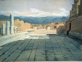 Pompeji (Italien) (Pompeji). Udsigt over forummet af romerske ruiner i Napoli-bugten foran Vesuv. Værk af Ivan Nikolayevich Kramskoi (1837-1887), akvarel på papir