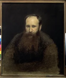 Portræt af kunstneren Vasily Vereshchagin (1842-1904) (Portræt af kunstneren V.Vershchagin). maleri af Ivan Nikolayevich Kramskoi (1837-1887), olie på lærred