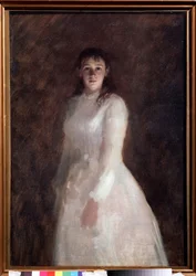 Portræt af en ung dame (Portræt af en ung dame). (klædt i en lang hvid kjole). Maleri af Ivan Nikolayevich Kramskoi (1837-1887), olie på lærred. russisk kunst