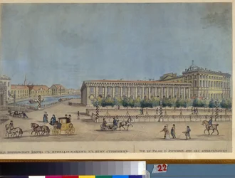 Anichkov-paladset i Sankt Petersborg. (Anichkov-paladset i Sankt Petersborg). (Konstruktion mellem 1741 og 1754, arkitekt Bartolomeo Rastrelli (1700-1771). Værk af Ivan Nikolayevich Terebenev (1780-1815), kobberstik og akvarel