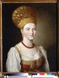 Portræt af en kvinde i russisk kostume (Kvindeportræt i russisk kjole). Maleri af Ivan Petrovich Argunov (Argunov) (1729-1802). Olie på lærred, 67 x 53,6 cm