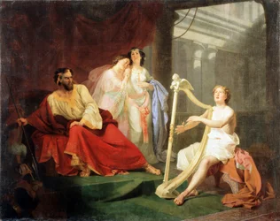 David og kong Saul. Episode fra Det Gamle Testamente: David spiller harpe for den hebraiske konge; Saul tager David i sin tjeneste, men udvikler et fjendskab mod ham, som får ham til at ville dræbe ham, og han griber derfor et spyd med et mørkt blik.
