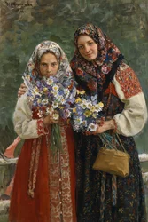 Vilde blomster. (Engblomster). En mor og hendes datter, elegante i deres folkloristiske kjoler med et farverigt tørklæde, der dækker deres hår, holder en buket vilde blomster i hænderne. Maleri af Ivan Semyonovich Kulikov (Koulikov) (1875