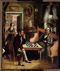 ""De damspillere"" Gruppe af russiske borgerlige i et interiør. Maleri af Ivan Stepanovich Doshchennikov (1812-1893) 1840-1850 State Art Gallery, Perm, Rusland