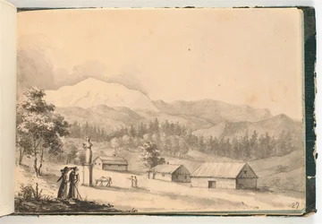 Bjerglandskab med mennesker og huse