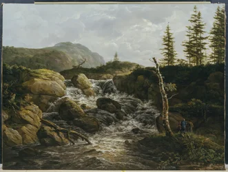 Bjerglandskab med et vandfald, Norge