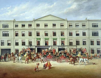 Skiftende heste uden for Plough Inn, Cheltenham, 1870