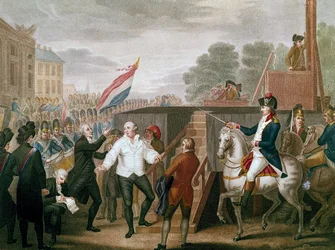 Fransk revolution: "" Kong Louis XVI med sin skriftefader Edgeworth den 21/01/1793" Kongen rejser sig til stilladset. Illustration af J. F. Cazenave (1770-?) 1793