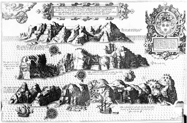 The Island of Saint Helena, illustration fra Linschoten Itinerario, 1596