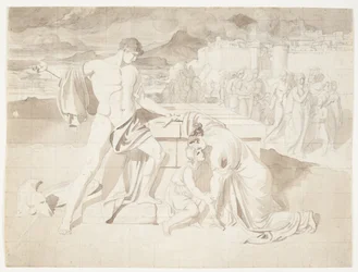 Andromache og sønnen Astyanax sammen med Pyrrhus ved Hectors sarkofag