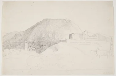 Landsskabsstudie med bjerg og bygninger. Spoleto, Italien