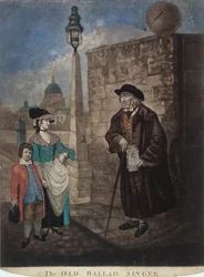Gammel balladesanger stående på et gadehjørne, c1780