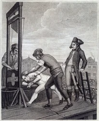 Henrettelsen af Maximilien de Robespierre (1758-1794) ved guillotine den 28/07/1794 på Place de la Concorde. Kobberstik af James Idnarpila efter J. Beys. Omkring 1799. Paris, Musée Carnavalet