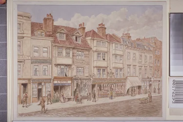 Udsigt over nr. 140-156 på den vestlige side af Borough High Street, 1888