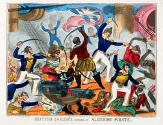 Britiske sømænd går om bord på et algerisk piratskib (koloreret stik)