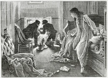 Jeg rakte hånden meget blidt op og trak dolken under min pude, illustration til en thrillerkrimi 