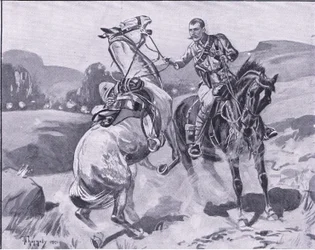 Major Brown, 14. husarer, holder liet Browns hest under kraftig ild, illustration fra After Pretoria: The Guerilla War, 1902