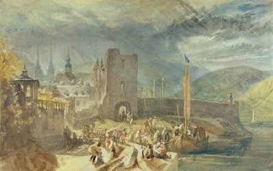 En udsigt over Boppard med figurer på flodbredden
