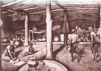 Inde i en Kaffir kraal, fra MacMillan skoleplakater, ca. 1950-60