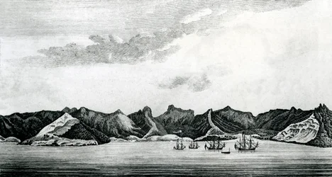 Udsigt over Cumberland Bay ved øen Juan Fernandes, ca. 1745 (gravering)
