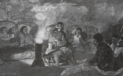 Indretning af vores vinterhytte i Camp Clay under madlavning, 1883 pub. London 1886