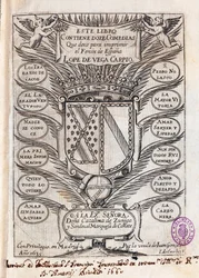 Halv titelside af samling af tolv komedier af Felix Lope af Vega Carpio (1562-1635)