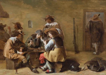 Det indre af en vagtstue med kavalerer, der spiller kort (olie på panel)