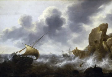 En fiskerbåd fanget i en storm nær en klippekyst med et skibsvrag. Olie på lærred af Jacob Adriaensz Bellevois (1621-1675).