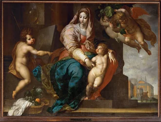 Sankt Maria med Jesusbarnet, den unge Johannes Døber og engle (maleri på lærred)