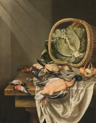 Køkkenstilleben med en væltet kurv med salat, vildt og grøntsager