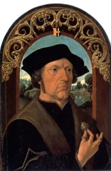 ""Portræt af en mand"" (Portræt af en mand) Portræt af en mand af det hollandske borgerskab, med en sølvjuvel i hånden. Maleri af Jacob Cornelisz van Oostsanen (cirka 1470-cirka 1533) Eremitagemuseet Sankt Petersborg