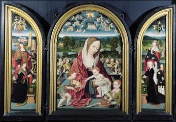 Jomfru og barn med musikskabende engle og familien Sampsons-Coolen, Triptykon, 1500-1525