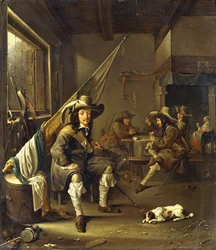 En siddende kavaler med soldater, der spiller kort, 1655