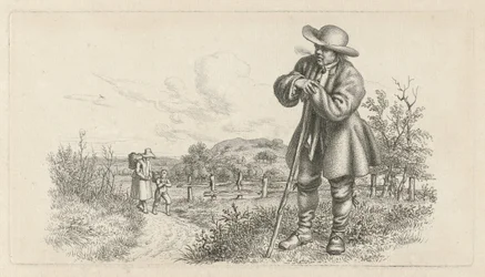 Mand lænet på en pind og en kvinde med et barn på en landevej Studietryk / Etudes gravées (serietitel)