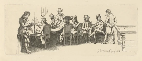 Mænd i et kaffehus med et billardrum, 1814